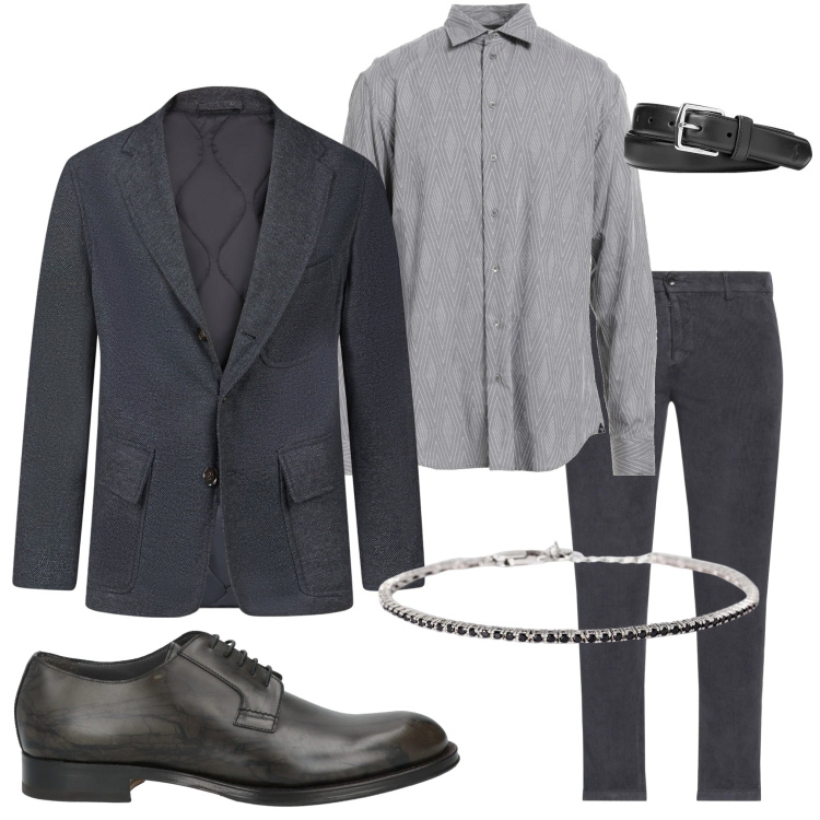 Outfit uomo - Scambio di auguri in ufficio. Stile Business/Elegante per Serata speciale. Abbinamento con pantaloni, scarpe stringate, camicie, braccialetti, cinture, giacche.