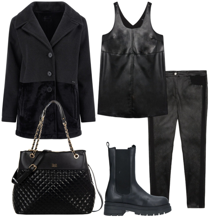 Outfit donna - Due tessuti. Stile Military per Serata fuori. Abbinamento con stivaletti, shopping bag, cappotti, pantaloni skinny, vestiti corti.