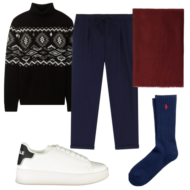 Outfit uomo - Total look #2021292. Stile Casual per Tutti i giorni. Abbinamento con maglieria, pantaloni, sciarpe, calzini, sneakers.