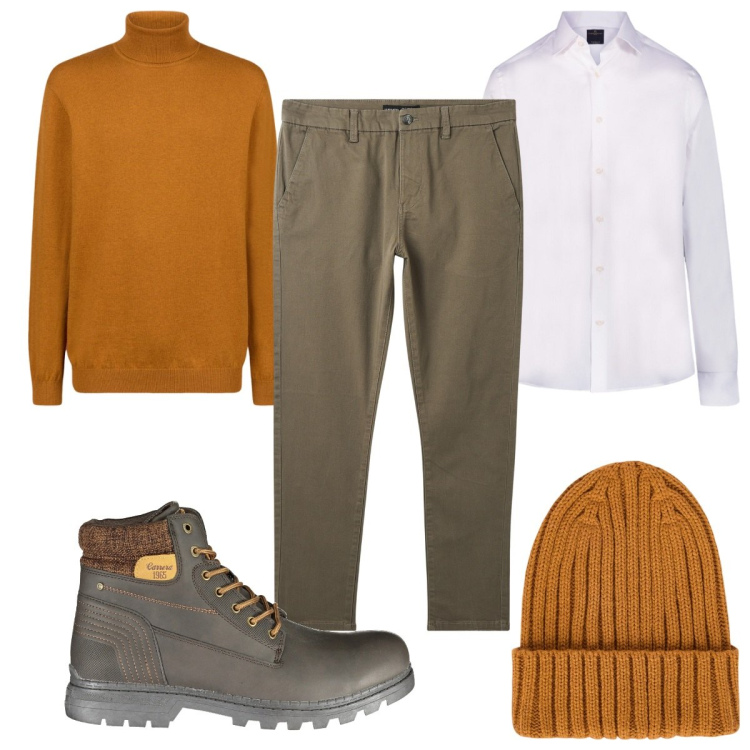 Outfit uomo - Total look #2021296. Stile Casual per Tutti i giorni. Abbinamento con pantaloni chino, camicie, stivali, berretti, maglieria.