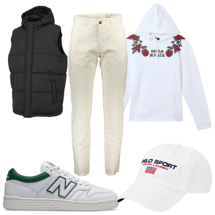 Outfit uomo - Total look #2021297. Stile Trendy per Tutti i giorni. Abbinamento con felpe con cappuccio, sneakers, gilet, cappelli, pantaloni.