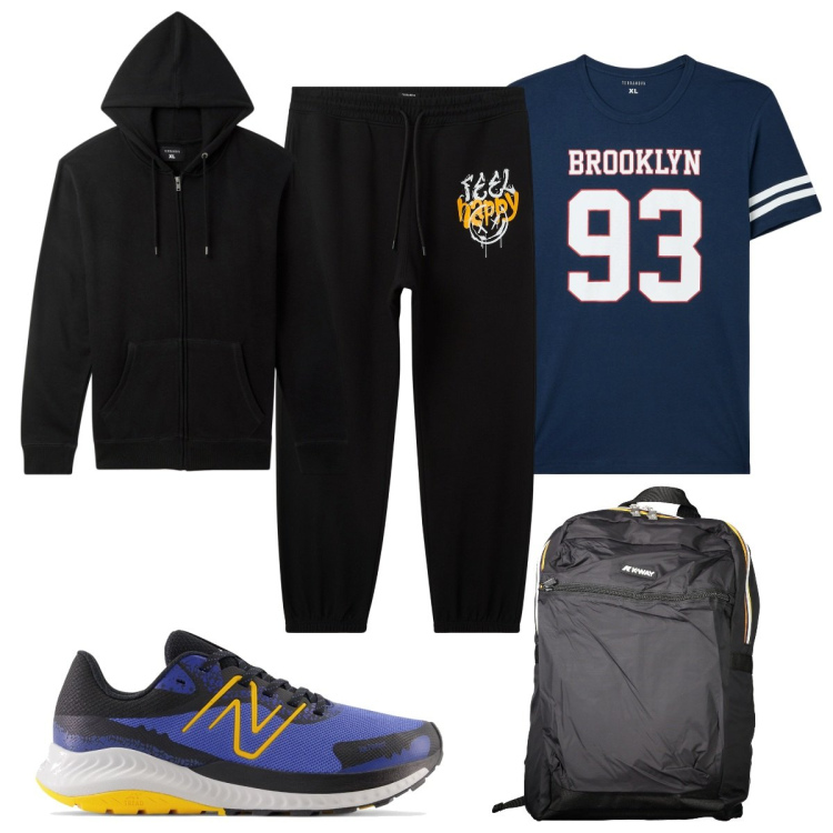 Outfit uomo - Total look #2021298. Stile Casual per Sport. Abbinamento con felpe con cappuccio, t-shirt, pantaloni, scarpe sportive, borse sportive.
