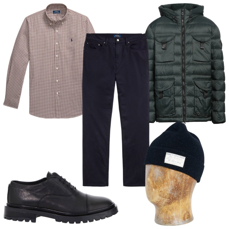 Outfit uomo - Total look #2021300. Stile Casual per Tutti i giorni. Abbinamento con piumini, scarpe stringate, berretti, pantaloni, camicie.
