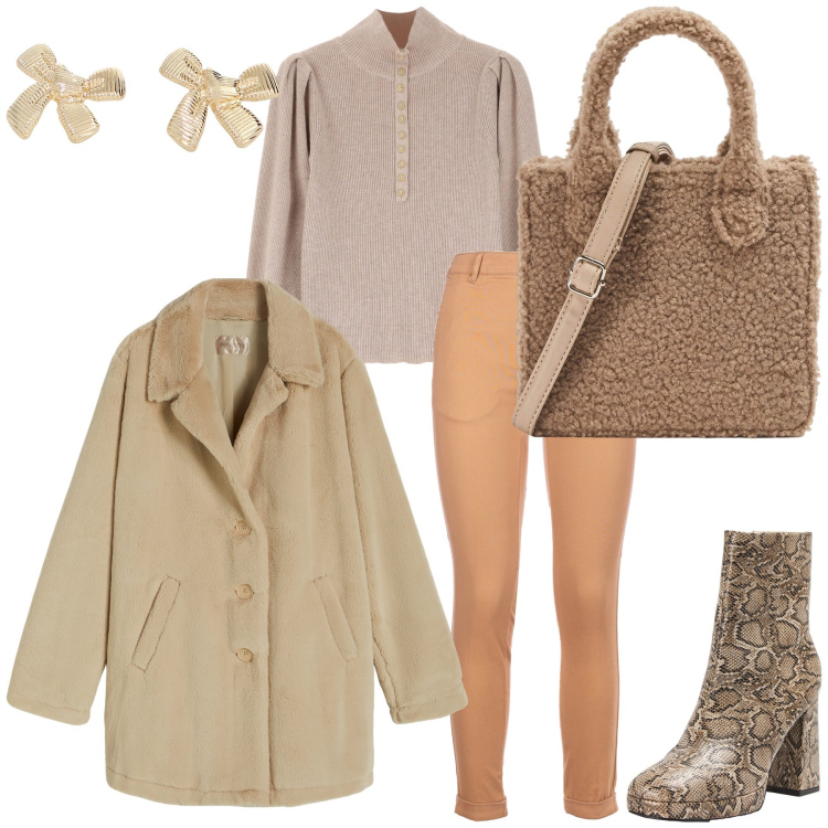 Outfit donna - Il bar della domenica mattina. Stile Trendy per Tutti i giorni. Abbinamento con stivaletti, shopping bag, pantaloni, maglieria, cappotti, orecchini.