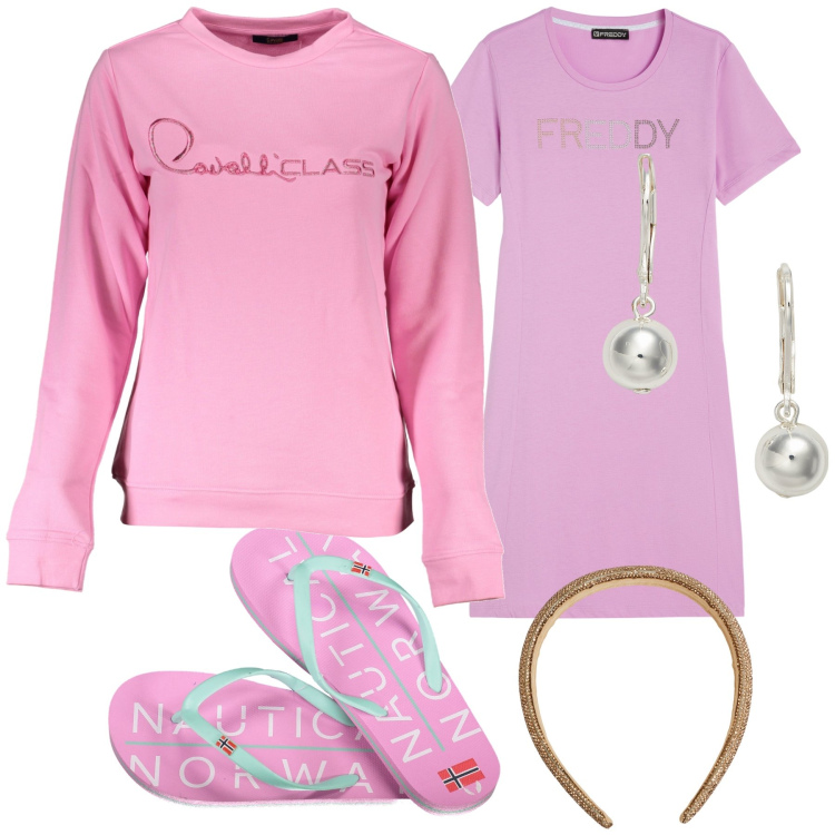 Outfit donna - Domenica casalinga. Stile Basic per Tutti i giorni. Abbinamento con cerchietti, vestiti lunghi, orecchini, felpe, infradito.