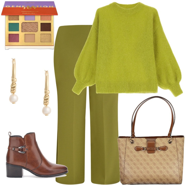 Outfit donna - Tono su tono. Stile Casual per Tutti i giorni. Abbinamento con ombretti, pantaloni a palazzo, maglieria, orecchini, stivaletti, borse a spalla.