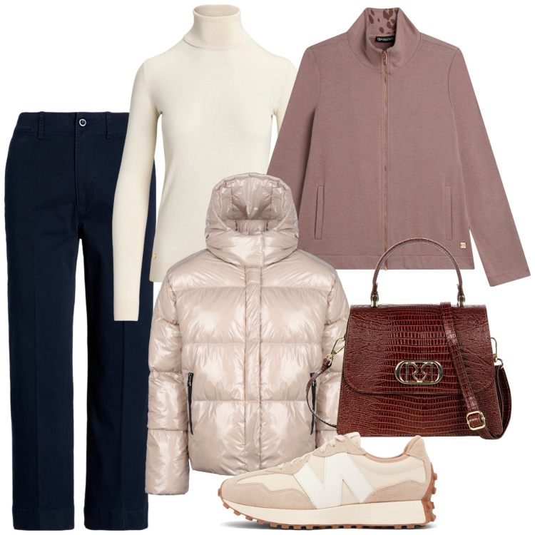 Outfit donna - Al caldo per le spese. Stile Bon Ton per Tutti i giorni. Abbinamento con sneakers, borse a mano, felpe, maglieria, pantaloni, blazer.