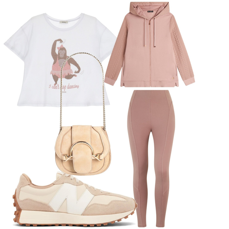 Outfit donna - Felpa rosa. Stile Sporty chic per Sport. Abbinamento con marsupi, sneakers, felpe con cappuccio, pantaloni skinny, t-shirt.