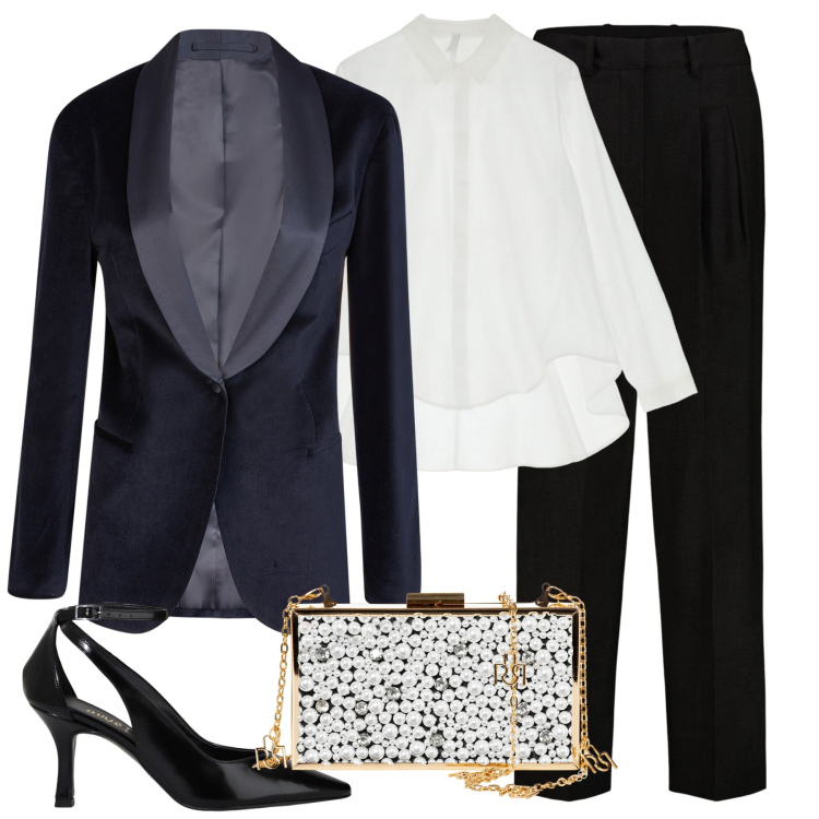 Outfit donna - Serata. Stile Chic per Serata fuori. Abbinamento con camicie, pochette, décolleté, pantaloni, blazer.