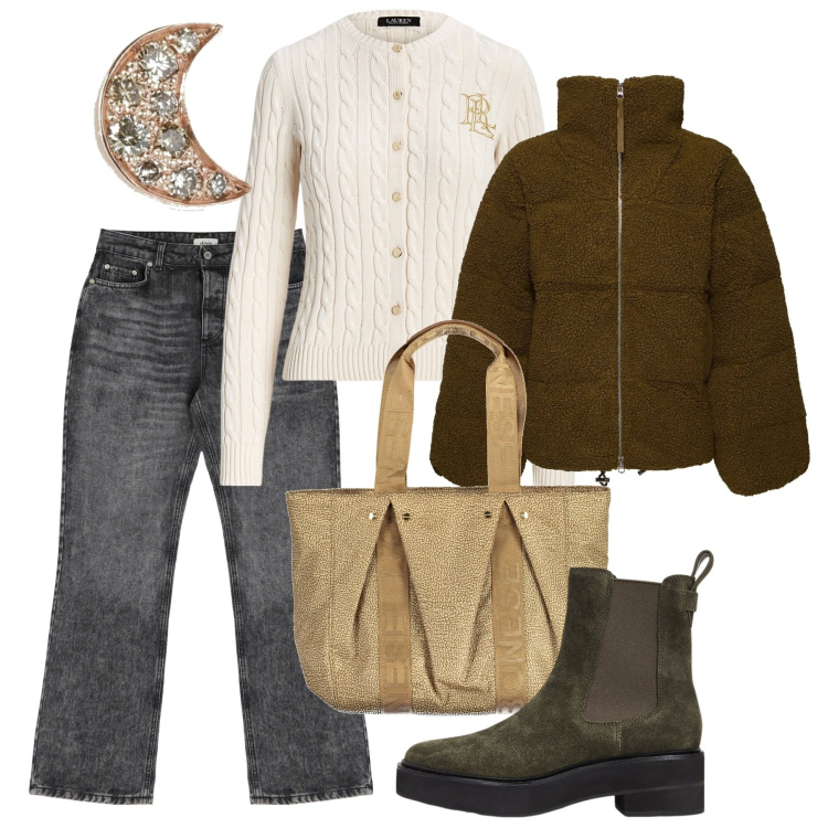 Outfit donna - Il cardigan panna. Stile Casual per Tutti i giorni. Abbinamento con jeans, cardigans, stivaletti chelsea, borse a spalla, orecchini, piumini.