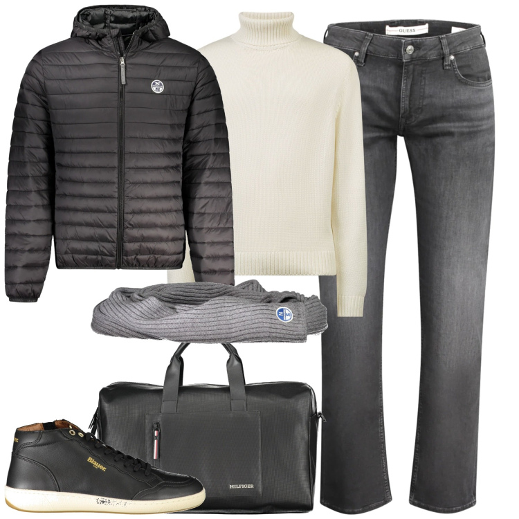 Outfit uomo - Weekend. Stile Casual per Tutti i giorni. Abbinamento con maglieria, giacche, sneakers, jeans, borse sportive, sciarpe.