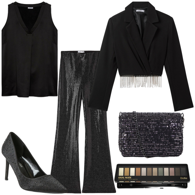 Outfit donna - Lo scintillio. Stile Glamour per Serata fuori. Abbinamento con ombretti, leggings, décolleté, blazer, borse a tracolla, top.
