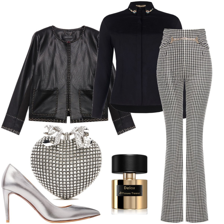 Outfit donna - Chic a quadretti. Stile Chic per Serata fuori. Abbinamento con profumi, camicie, pantaloni, décolleté, blazer, pochette.