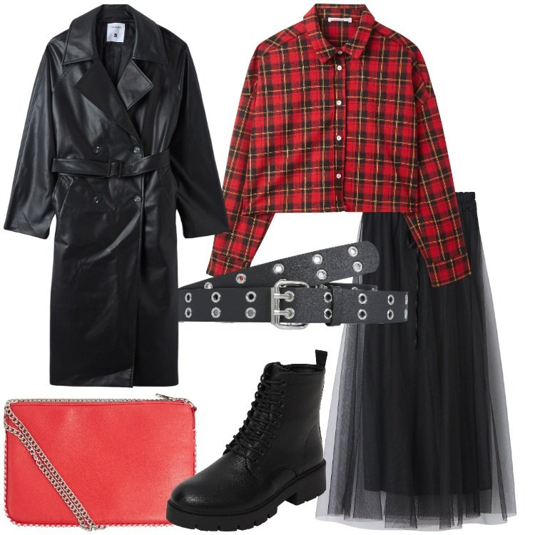 Outfit donna - Terranova Christmas Rock!. Stile Rock per Serata fuori. Abbinamento con borse a tracolla, gonne lunghe, trench, camicie, anfibi, cinture.