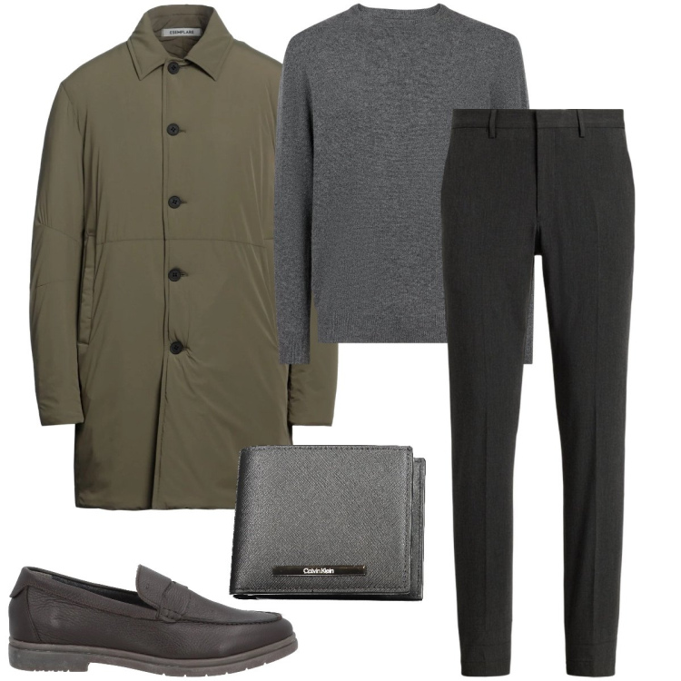 Outfit uomo - Appuntamento con i collaboratori. Stile Business/Elegante per Ufficio. Abbinamento con trench, scarpe stringate, pantaloni, maglieria, portafogli.