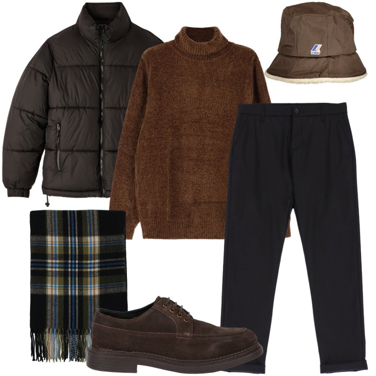 Outfit uomo - Toni scuri e caldi. Stile Business/Elegante per Serata speciale. Abbinamento con piumini, maglieria, pantaloni, sciarpe, scarpe stringate, cappelli.