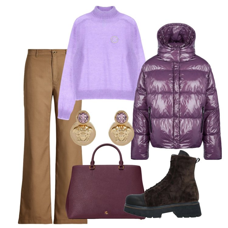 Outfit donna - Viola casual. Stile Casual per Tutti i giorni. Abbinamento con anfibi, maglieria, blazer, borse a mano, pantaloni, orecchini.
