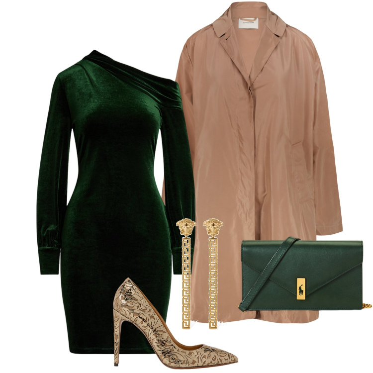 Outfit donna - Serata importante. Stile Glamour per Serata fuori. Abbinamento con clutch, décolleté, vestiti asimmetrici, trench, orecchini.