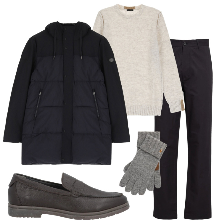 Outfit uomo - In città. Stile Urban per Tutti i giorni. Abbinamento con pantaloni chino, scarpe stringate, maglieria, piumini, guanti.