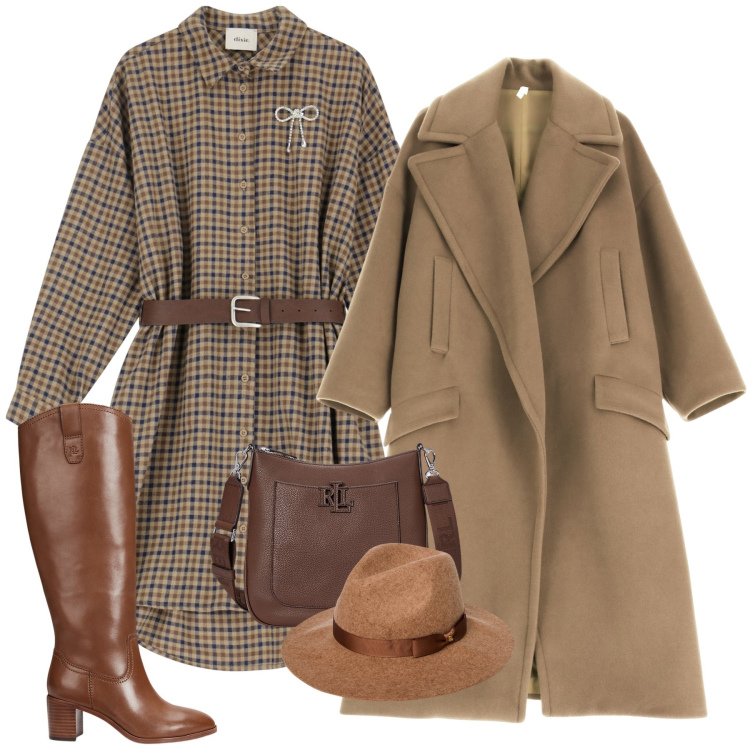 Outfit donna - Colori del legno. Stile Chic per Tutti i giorni. Abbinamento con cappotti, vestiti, borse a tracolla, stivali, cappelli.