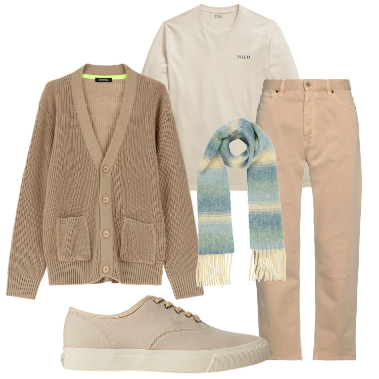 Outfit uomo - A cena da amici. Stile Casual per Serata speciale. Abbinamento con pantaloni, sciarpe, cardigans, sneakers, t-shirt.