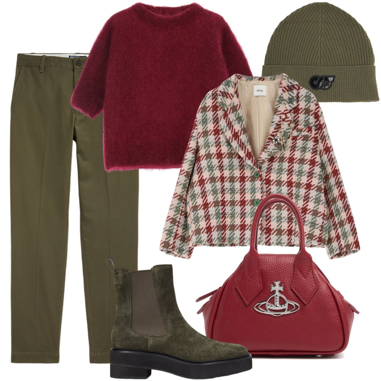 Outfit donna - La giacca pied-de-poule. Stile Urban per Tutti i giorni. Abbinamento con pantaloni chino, stivaletti chelsea, blazer, maglieria, borse a mano, berretti.