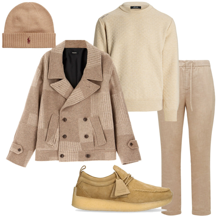 Outfit uomo - In giro per acquisti. Stile Casual per Tutti i giorni. Abbinamento con cappotti, berretti, felpe, scarpe stringate, pantaloni chino.