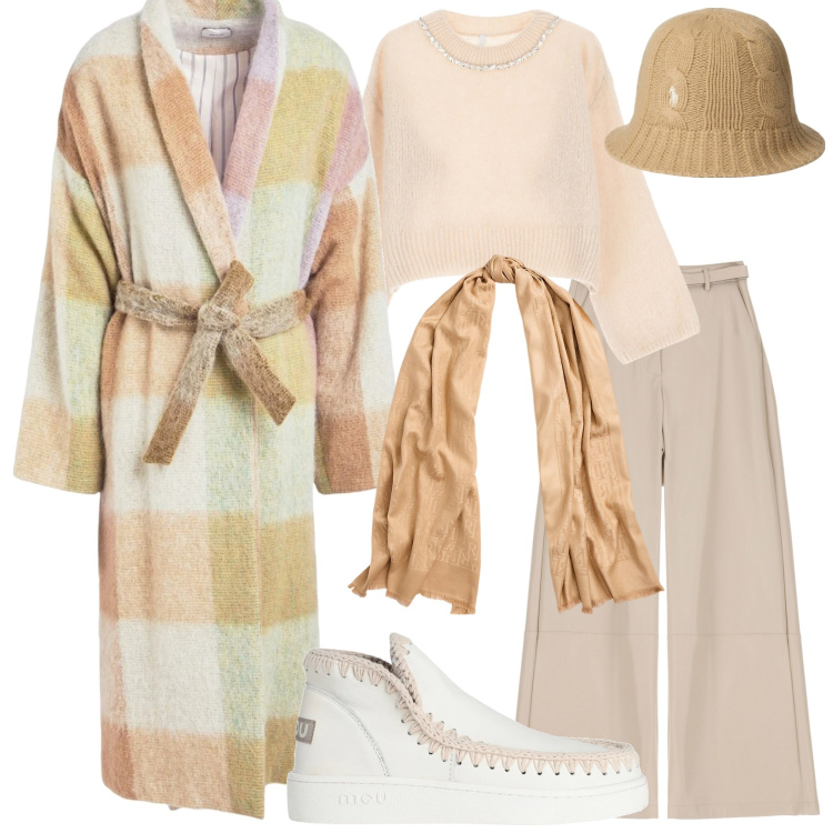 Outfit donna - Cappotto a vestaglia. Stile Casual chic per Serata fuori. Abbinamento con stivaletti, cappotti, pantaloni, maglieria, sciarpe, cappelli.