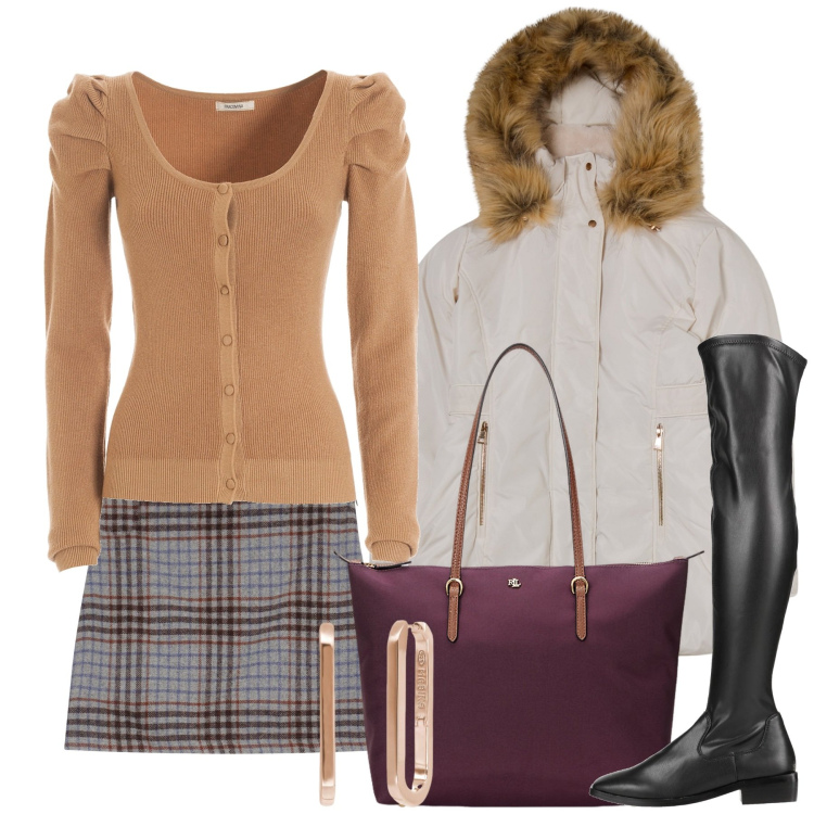 Outfit donna - Maniche a sbuffo. Stile Chic per Tutti i giorni. Abbinamento con stivali sopra il ginocchio, orecchini, parka, cardigans, minigonne, borse tote.