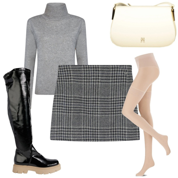 Outfit donna - Total look #2021474. Stile Trendy per Tutti i giorni. Abbinamento con stivali, minigonne, collant, maglieria, borse a tracolla.