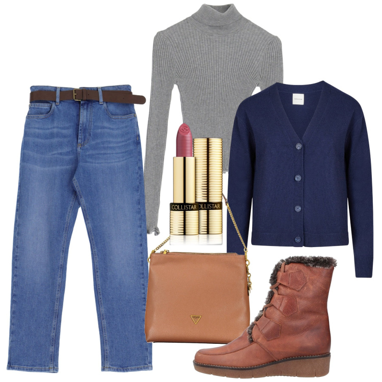 Outfit donna - Lupetto grigio. Stile Casual per Tutti i giorni. Abbinamento con stivaletti, rossetti, jeans dritti, maglieria, cardigans, borse a tracolla.