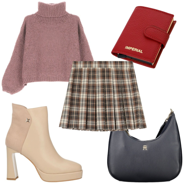 Outfit donna - Total look #2021483. Stile Trendy per Tutti i giorni. Abbinamento con stivaletti, maglieria, portafogli, minigonne, borse a tracolla.