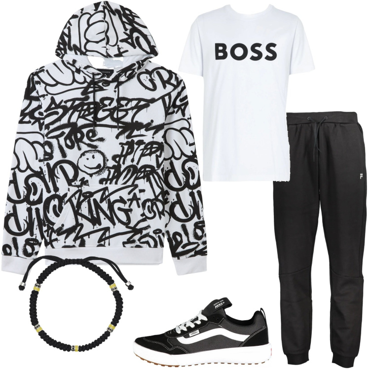 Outfit uomo - Graffiti sulla felpa. Stile Urban per Tutti i giorni. Abbinamento con t-shirt, felpe con cappuccio, braccialetti, pantaloni, sneakers.