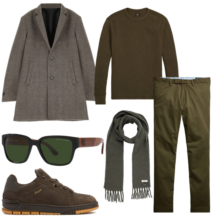 Outfit uomo - Colori terrosi. Stile Casual per Ufficio. Abbinamento con sciarpe, cappotti, maglieria, occhiali da sole, pantaloni, sneakers.