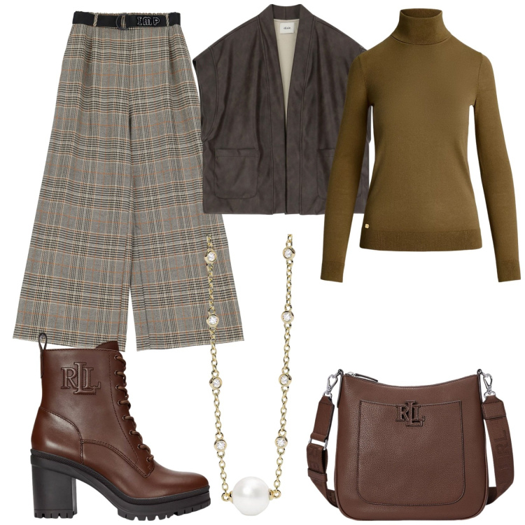 Outfit donna - Look power casual. Stile Casual per Ufficio. Abbinamento con collane, pantaloni, gilet, borse a tracolla, maglieria, stivaletti.