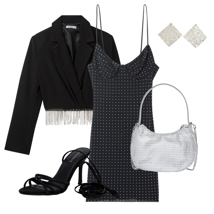 Outfit donna - Total look #2021509. Stile Glamour per Serata fuori. Abbinamento con vestiti corti, orecchini, blazer, sandali alla schiava, borse a spalla.