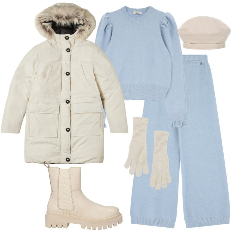 Outfit donna - Ai mercatini di Natale. Stile Casual per Tutti i giorni. Abbinamento con stivaletti chelsea, parka, guanti, pantaloni, cappelli e berretti, pullovers.