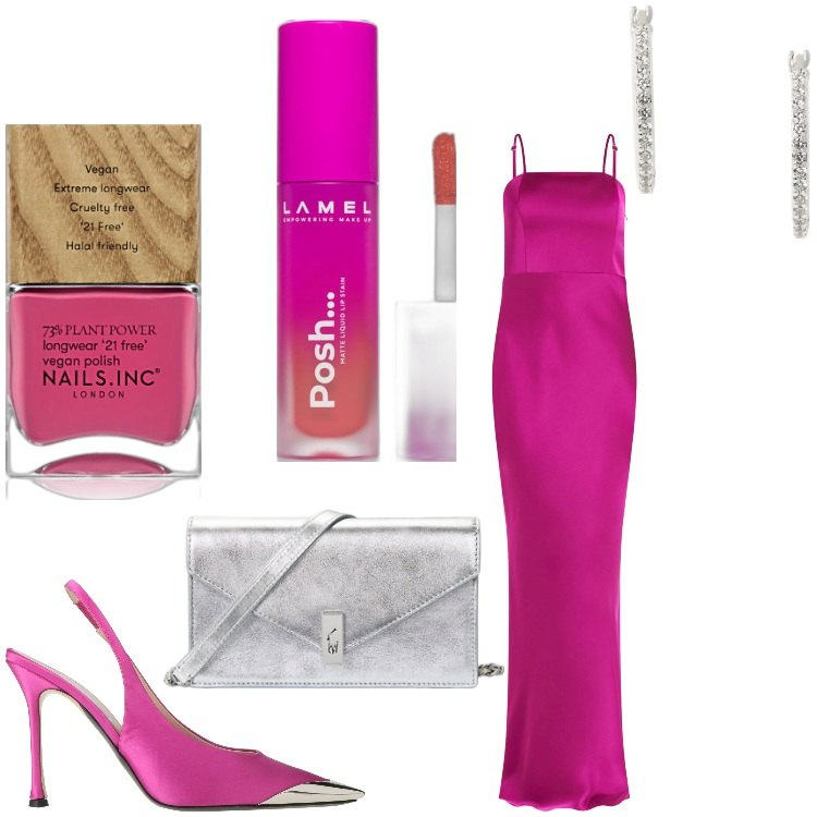 Outfit donna - Serata in fucsia. Stile Chic per Serata fuori. Abbinamento con décolleté, rossetti, smalti, vestiti lunghi, clutch, orecchini.