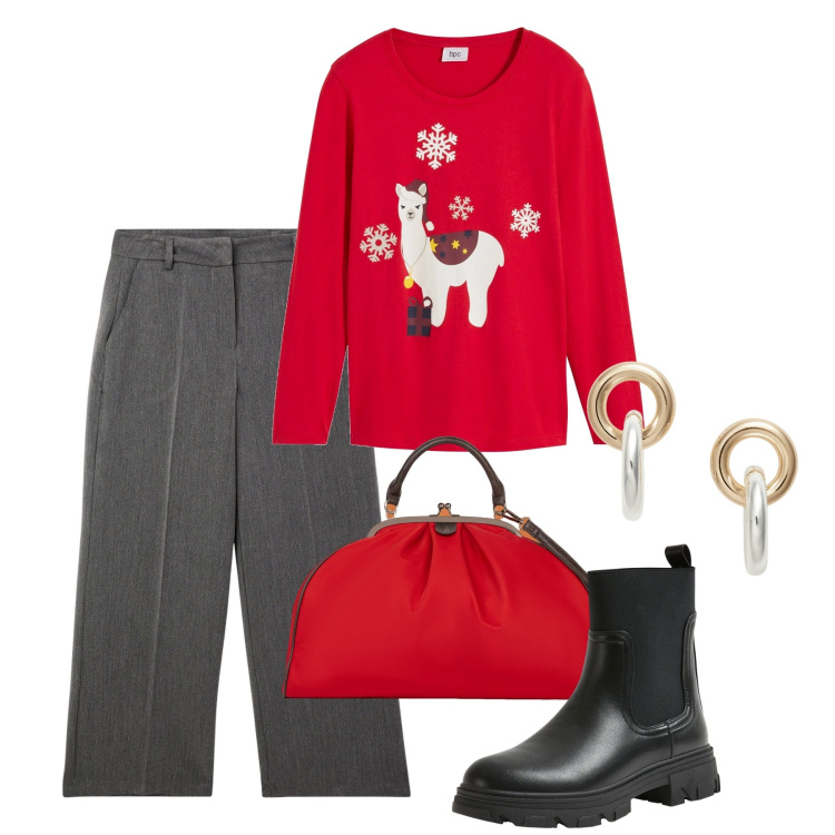 Outfit donna - Christmas time. Stile Casual chic per Tutti i giorni. Abbinamento con maglieria, pantaloni, stivaletti chelsea, orecchini, borse a spalla.