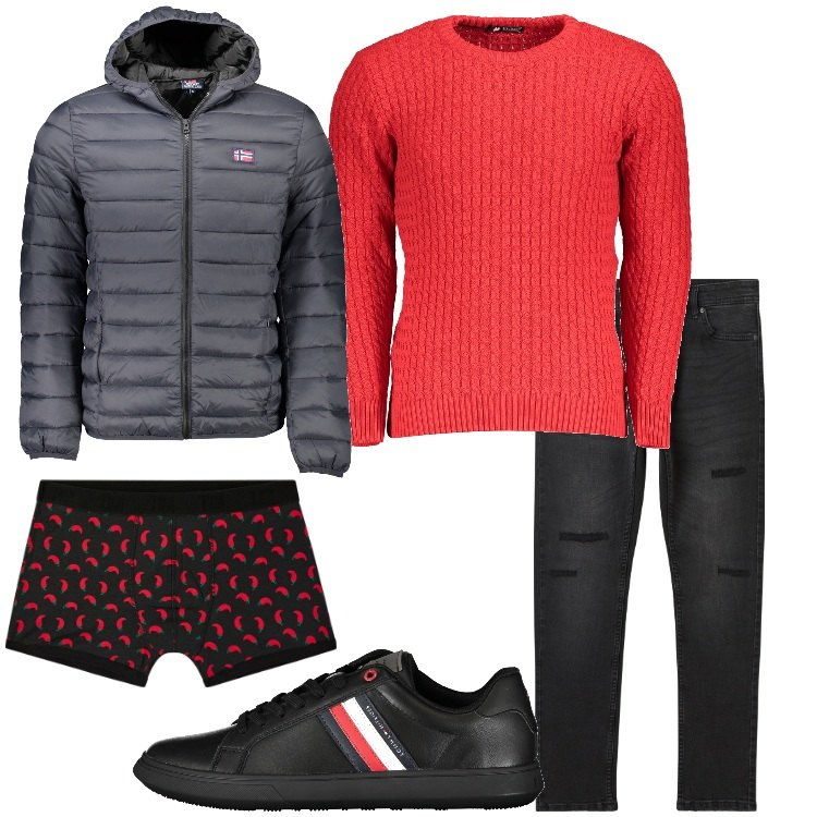 Outfit uomo - Qualcosa di rosso. Stile Casual per Serata speciale. Abbinamento con jeans strappati, boxer, giacche, maglieria, sneakers.