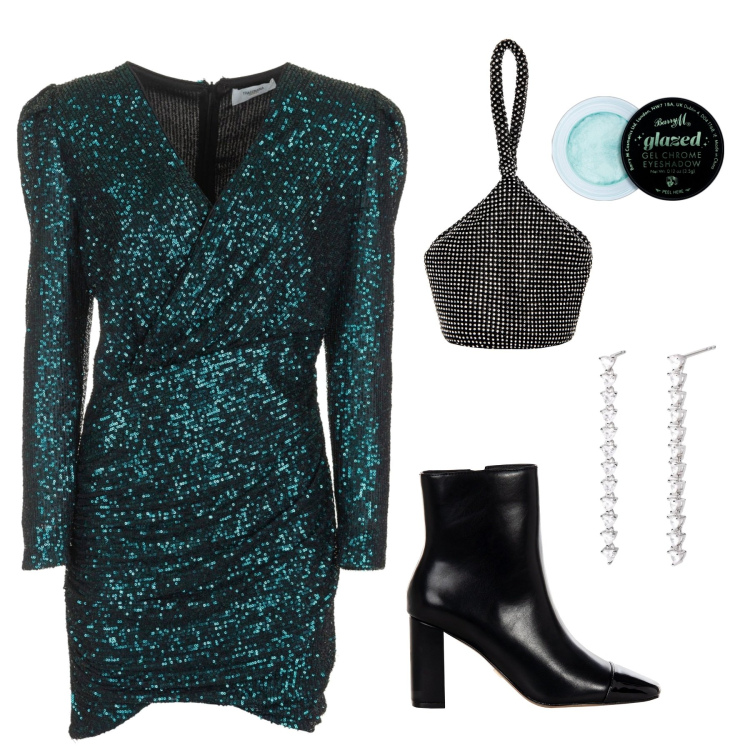Outfit donna - Total look #2021539. Stile Glamour per Serata fuori. Abbinamento con ombretti, orecchini, stivaletti, pochette, vestiti corti.
