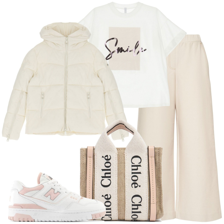 Outfit donna - Dicembre in bianco. Stile Casual chic per Tutti i giorni. Abbinamento con piumini, giacche, t-shirt, sneakers, borse a mano, jeans.