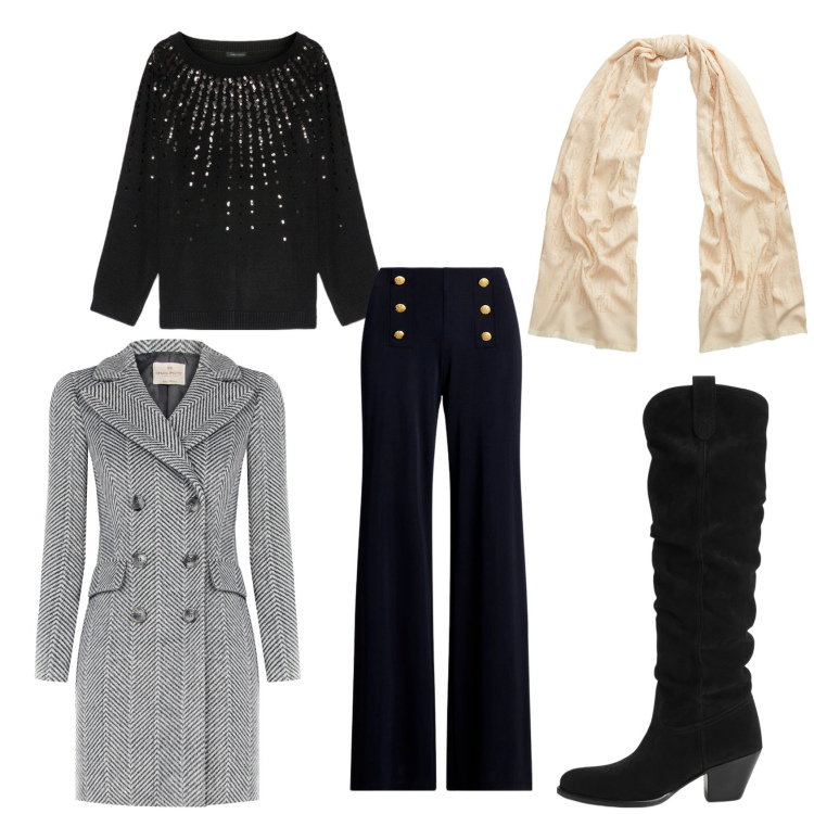 Outfit donna - Queen sbarazzina. Stile Casual chic per Serata fuori. Abbinamento con cappotti, stivaletti, pantaloni, sciarpe, maglieria.