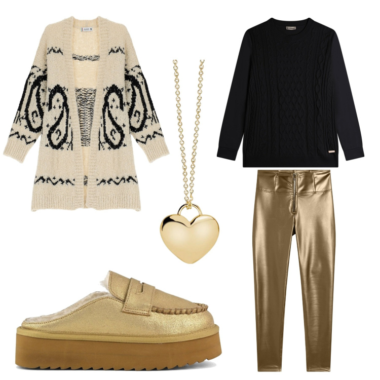 Outfit donna - Natale davanti al camino. Stile Casual per Tutti i giorni. Abbinamento con collane, cardigans, pantaloni skinny, maglieria, mocassini.