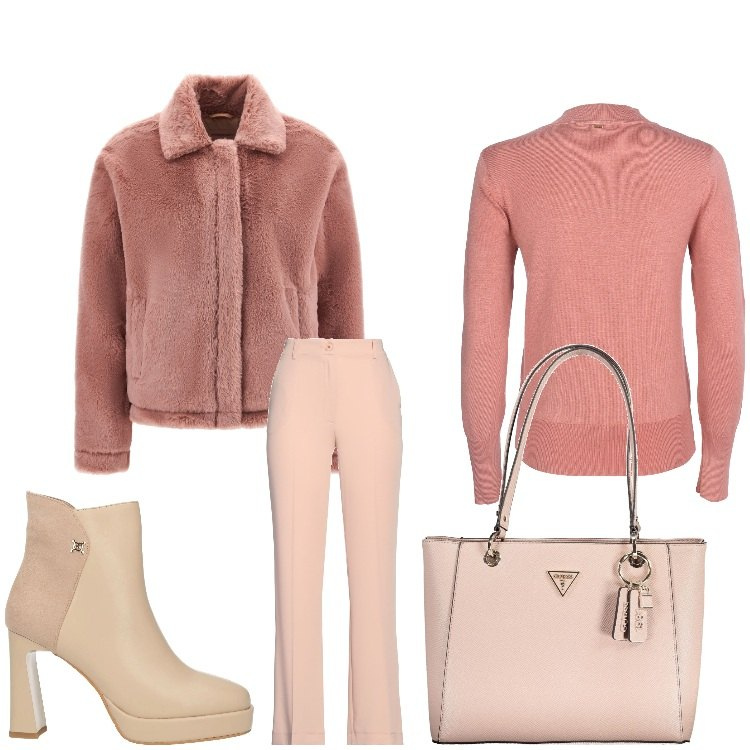 Outfit donna - Cipria. Stile Casual chic per Serata fuori. Abbinamento con stivaletti, pantaloni, maglieria, cappotti, borse a spalla.