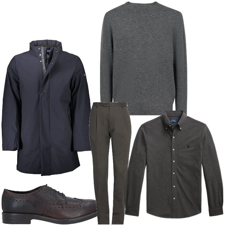 Outfit uomo - Domani in ufficio. Stile Business/Elegante per Ufficio. Abbinamento con pantaloni, scarpe stringate, camicie, maglieria, trench.