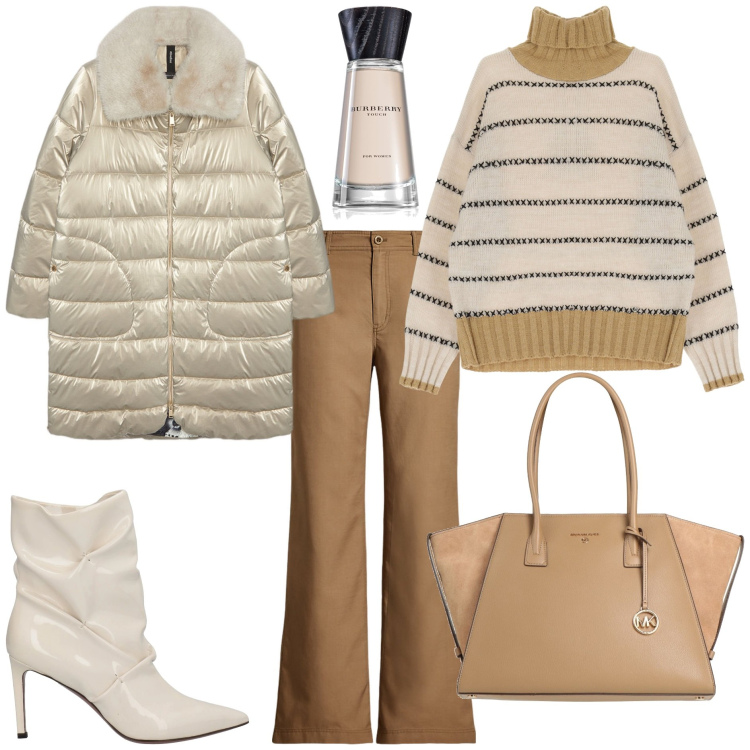 Outfit donna - Classica di classe. Stile Casual chic per Tutti i giorni. Abbinamento con stivaletti, borse a mano, profumi, maglieria, pantaloni, piumini.