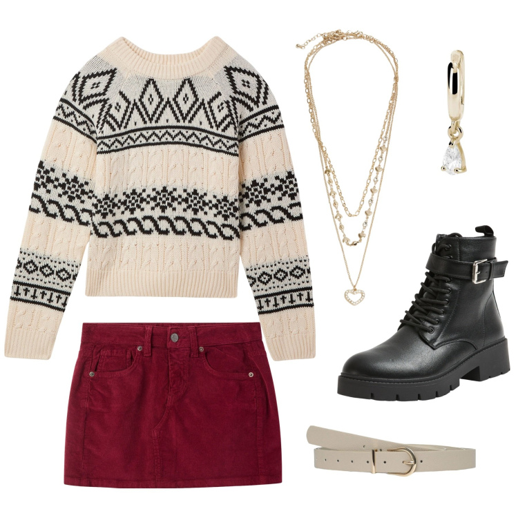 Outfit donna - Total look #2021572. Stile Casual Abbinamento con collane, minigonne, anfibi, cinture, maglieria, orecchini.