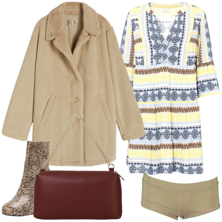Outfit donna - Aperitivo un poco folk. Stile Etnico per Tutti i giorni. Abbinamento con vestiti, stivaletti, cappotti, borse a tracolla, culotte.