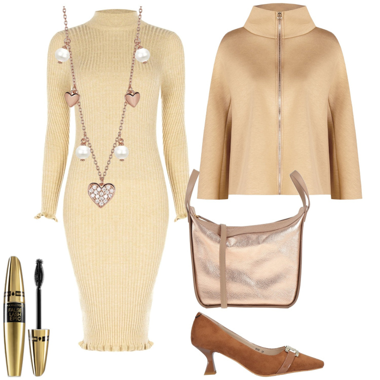 Outfit donna - Festa aziendale. Stile Chic per Ufficio. Abbinamento con décolleté, borse a mano, mascara, collane, vestiti, cappe.